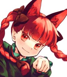 Rule 34 | 1girl, animal ear fluff, animal ears, blurry, bow, braid, cat ears, chikuwa (rinka), depth of field, dress, green dress, kaenbyou rin, looking at viewer, paw pose, portrait, red eyes, red hair, slit pupils, smile, solo, touhou, traditional media, tsurime, twin braids, white background