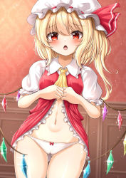 Rule 34 | 1girl, ascot, blonde hair, blurry, blurry background, blush, bow, bow panties, clothes lift, cowboy shot, crystal, fang, flandre scarlet, frilled shirt collar, frills, gluteal fold, hair between eyes, hat, hat bow, highres, indoors, lifted by self, long hair, looking at viewer, mob cap, navel, one side up, open mouth, panties, puffy short sleeves, puffy sleeves, red bow, red eyes, red ribbon, red skirt, red vest, reijing etrn, ribbon, shirt, short sleeves, skirt, skirt lift, solo, sparkle, standing, thigh gap, thighs, touhou, underwear, vest, white hat, white panties, white shirt, wings