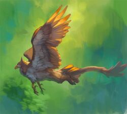 Rule 34 | animal focus, beak, bird wings, chimera, feathered wings, flying, from side, green background, griffin, mixed limbs, monster, nablange, no humans, original, tail, talons, wings