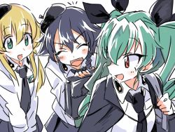 Rule 34 | &gt; &lt;, 10s, 3girls, :d, > <, anchovy (girls und panzer), bag, beret, black hair, black skirt, blonde hair, blush, braid, cape, carpaccio (girls und panzer), dress shirt, drill hair, emblem, eyebrows, closed eyes, girls und panzer, green eyes, green hair, hair between eyes, hair ornament, hair ribbon, hat, hibimegane, holding, long hair, long sleeves, looking at another, looking back, miniskirt, multiple girls, necktie, open mouth, pepperoni (girls und panzer), pleated skirt, red eyes, ribbon, school bag, school uniform, shirt, short hair, side braid, simple background, skirt, smile, twin drills, twintails, white background, white shirt, xd