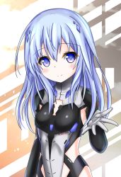 Rule 34 | 10s, 1girl, arm up, beatless, black gloves, black leotard, blue eyes, blue hair, bodysuit, elbow gloves, gloves, highres, langley1000, leicia, leotard, long hair, looking at viewer, outstretched hand, smile, solo, upper body