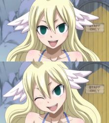 Rule 34 | 1girl, antenna hair, armpits, arms at sides, bare shoulders, barefoot, blonde hair, body blush, collarbone, day, door, english text, eyelashes, facing viewer, fairy tail, feet, female focus, flat chest, green eyes, hair between eyes, hair ornament, happy, head tilt, legs, light blush, long hair, looking at viewer, mavis vermilion, neck, one eye closed, open mouth, outdoors, pale skin, progression, shiny skin, shirt, sidelocks, sign, sleeveless, sleeveless shirt, smile, spaghetti strap, standing, third-party edit, toenails, toes, upper body, very long hair, wavy hair, wink