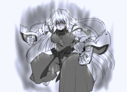 Rule 34 | 1girl, aura, bare shoulders, barefoot, black hair, blood, blood on face, bloody tears, breasts, clenched hands, detached sleeves, female focus, fighting stance, hakama, hakama pants, japanese clothes, large breasts, long hair, m.u.g.e.n, miko, monochrome, nontraditional miko, original, pants, powering up, scar, sendai hakurei no miko, solo, touhou, veins, wide sleeves, yagami (mukage)