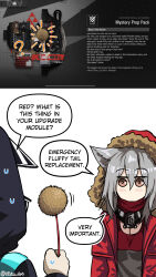 Rule 34 | 1girl, 1other, absurdres, ambiguous gender, animal ears, arknights, black coat, black jacket, brown eyes, coat, commentary, doctor (arknights), english commentary, english text, fluffy, fur-trimmed hood, fur trim, grey hair, highres, hood, hood up, hooded coat, hooded jacket, jacket, mask, nhim, open clothes, open jacket, projekt red (arknights), red coat, red jacket, signature, wolf ears, wolf girl