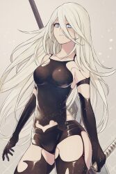 Rule 34 | 1girl, a2 (nier:automata), armlet, bare shoulders, black gloves, black shorts, black tank top, black thighhighs, blue eyes, breasts, elbow gloves, gloves, hair between eyes, highres, holding, holding weapon, joints, long hair, malt 40, mole, mole under mouth, nier:automata, nier (series), robot joints, shorts, solo, sword, tank top, thighhighs, very long hair, weapon, white hair