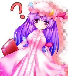Rule 34 | 1girl, ?, bad id, bad pixiv id, book, breasts, female focus, halftone, halftone background, hat, highres, long hair, patchouli knowledge, purple eyes, purple hair, solo, touhou, white background, yanagi ryou