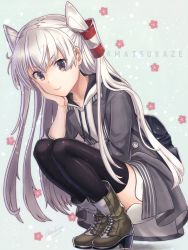 Rule 34 | 1girl, alternate costume, amatsukaze (kancolle), backpack, bag, boots, brown eyes, character name, flower, full body, hair tubes, head rest, highres, hood, hood down, hooded jacket, jacket, kantai collection, long hair, looking at viewer, medara, smile, solo, squatting, thighhighs, two side up, unworn backpack, unworn bag, white hair