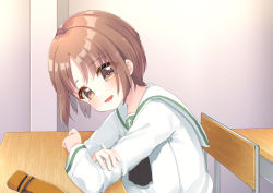 Rule 34 | 1girl, :d, black neckwear, blush, brown eyes, brown hair, chair, commentary request, desk, from side, girls und panzer, hair between eyes, highres, indoors, long sleeves, looking at viewer, looking to the side, nishizumi miho, ooarai school uniform, open mouth, parted bangs, pencil case, sailor collar, school chair, school desk, school uniform, serafuku, shirt, short hair, sitting, smile, solo, suzu (minagi), white sailor collar, white shirt