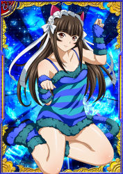 Rule 34 | 1girl, animal ears, bare legs, breasts, brown eyes, brown hair, card (medium), cat ears, cat tail, curvy, fake animal ears, fake tail, female focus, hairband, hime cut, ikkitousen, long hair, see-through, shiny skin, small breasts, smile, solo, sweater, tail, ten&#039;i (ikkitousen)