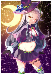Rule 34 | &gt;:), 1girl, absurdres, bad id, bad pixiv id, black capelet, black gloves, black headwear, black skirt, blunt bangs, blush, bow, bowtie, capelet, closed mouth, cowboy shot, crescent, cropped shirt, gloves, grey shirt, groin, hair bun, hair ornament, hairband, hat, highres, hololive, kage (ka 9e 4su), long hair, long sleeves, looking at viewer, lowleg, lowleg skirt, microskirt, midriff, moon, murasaki shion, murasaki shion (1st costume), navel, pink bow, pink bowtie, pinstripe pattern, pinstripe shirt, purple capelet, shirt, short eyebrows, side bun, sidelocks, silver hair, simple background, single side bun, skirt, smile, solo, star (symbol), starry background, stomach, striped clothes, striped shirt, striped thighhighs, thighhighs, thighlet, tilted headwear, v-shaped eyebrows, vertical-striped clothes, vertical-striped shirt, vertical-striped thighhighs, virtual youtuber, witch, witch hat, yellow eyes