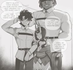Rule 34 | 1girl, 2boys, arm behind back, arm behind head, arm hug, bob cut, breasts, bridal gauntlets, chaldea uniform, commentary, dark-skinned male, dark skin, english commentary, english text, fate/grand order, fate (series), fujimaru ritsuka (male), greyscale, hair between horns, hand on another&#039;s head, head out of frame, height difference, highres, horns, japanese clothes, kimono, monochrome, multiple boys, naughty face, nyantcha, off shoulder, panties, pantyshot, rape face, revealing clothes, short hair, short kimono, shuten douji (fate), skin-covered horns, small breasts, speech bubble, sweatdrop, thighhighs, underwear, wide hips