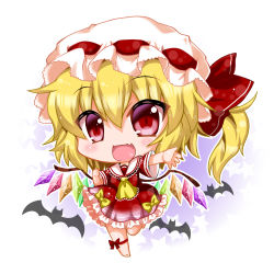Rule 34 | 1girl, ascot, bad id, bad pixiv id, bat (animal), blonde hair, bow, chibi, dress, fang, flandre scarlet, gradient background, hat, hat bow, mob cap, noai nioshi, open mouth, red dress, red eyes, short sleeves, side ponytail, smile, solo, standing, standing on one leg, touhou, wings