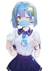 Rule 34 | 1girl, ahoge, bear, blue hair, blunt bangs, blunt ends, blush, bob cut, brooch, cloud hair ornament, cloud print, collared shirt, crescent, crescent hair ornament, earrings, earth-chan, food, green hair, hair between eyes, hair ornament, highres, holding, holding food, holding ice cream, ice cream, ice cream cone, index finger raised, jewelry, looking at viewer, mask, melting, mouth mask, multicolored hair, nasa logo, necktie, niniidawns, one eye closed, original, pleated skirt, polar bear, satellite, shirt, shirt tucked in, short hair, short sleeves, shorts, signature, simple background, skirt, solo, space print, starry sky print, sun hair ornament, surgical mask, tareme, two-tone hair, undersized animal, upper body, white background, yellow eyes