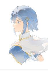 1girl absurdres armlet blue_eyes blue_hair blue_shirt cape chaconne closed_mouth collared_cape cropped_torso expressionless eyelashes floating_cape fortissimo frilled_shirt frills hair_ornament high_collar highres jewelry looking_ahead magical_girl mahou_shoujo_madoka_magica mahou_shoujo_madoka_magica_(anime) miki_sayaka miki_sayaka_(magical_girl) musical_note musical_note_hair_ornament shirt short_hair signature simple_background solo strapless strapless_shirt white_background white_cape