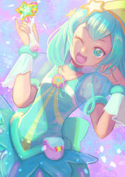 Rule 34 | 1girl, ;d, blue choker, blue dress, blue eyes, blue hair, choker, collarbone, cure milky, dress, hagoromo lala, hair ornament, hairband, holding, jj (ssspulse), long hair, looking at viewer, one eye closed, open mouth, precure, see-through, short sleeves, smile, solo, star-shaped pupils, star (symbol), star hair ornament, star twinkle precure, symbol-shaped pupils, yellow hairband