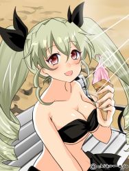 Rule 34 | 10s, 1girl, anchovy (girls und panzer), bench, bikini, black bikini, black ribbon, breasts, chikomayo, cleavage, commentary request, drill hair, food, girls und panzer, green hair, hair ribbon, holding, holding food, ice cream, ice cream cone, lens flare, long hair, looking at viewer, medium breasts, one-hour drawing challenge, open mouth, red eyes, ribbon, sarong, sitting, smile, solo, sunlight, swimsuit, twin drills, twintails, twitter username