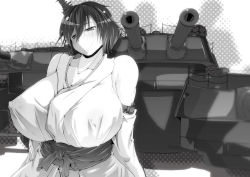 Rule 34 | 10s, 1girl, bare shoulders, belt, breasts, cannon, collarbone, detached sleeves, endou tatsumi, covered erect nipples, female focus, gigantic breasts, japanese clothes, kantai collection, monochrome, short hair, solo, standing, upper body, weapon, yamashiro (kancolle)
