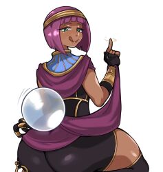 Rule 34 | 1girl, ass, bob cut, dark-skinned female, dark skin, fingerless gloves, from behind, gloves, green eyes, highres, licking lips, looking at viewer, looking back, menat, paperrose, purple hair, short hair, sitting, solo, street fighter, street fighter v, tongue, tongue out, usekh collar, vambraces