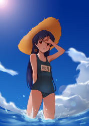 Rule 34 | 00s, 1girl, bad id, bad pixiv id, beach, day, hat, idolmaster, idolmaster (classic), kisaragi chihaya, lens flare, long hair, name tag, one-piece swimsuit, sanhon, school swimsuit, solo, swimsuit, third-party edit