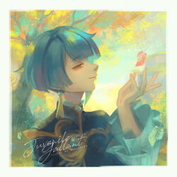 Rule 34 | 1boy, artist name, asymmetrical hair, autumn leaves, blue coat, blue hair, blue sky, blue sleeves, blunt bangs, blunt ends, border, bush, character name, closed mouth, coat, collared coat, commentary, day, earrings, english commentary, english text, eyelashes, eyeshadow, falling leaves, frilled sleeves, frills, genshin impact, hand up, high collar, highres, jewelry, kanlamari, lace-trimmed collar, lace trim, leaf, light particles, long sleeves, looking at object, makeup, male focus, orange eyes, outdoors, red eyeshadow, rock, short hair, sky, smile, solo, tassel, tassel earrings, tree, upper body, vision (genshin impact), watermark, white border, xingqiu (genshin impact)