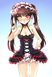 Rule 34 | 1girl, bad id, bad pixiv id, bare shoulders, blush, breasts, brown hair, character request, choker, cleavage, corset, dress, female focus, frills, gs 5th star, hair ornament, hair ribbon, hand on own hip, headband, heterochromia, hip focus, long hair, looking at viewer, maid headdress, nipples, no panties, open mouth, pupiless eyes, pussy, red eyes, ribbon, see-through, skirt, solo, sword girls, tama (tamatamo), twintails, uncensored, very long hair, yellow eyes