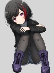 Rule 34 | 1girl, arms on knees, bang dream!, black hair, black jacket, bob cut, boots, commentary, denim, denim shorts, grey background, grey sweater, highres, jacket, knees up, leather, leather jacket, long sleeves, looking at viewer, mitake ran, multicolored hair, noshimurin, pantyhose, purple eyes, purple footwear, red hair, ribbed sweater, short hair, short shorts, shorts, simple background, sitting, solo, streaked hair, sweater, turtleneck, turtleneck sweater