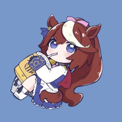 Rule 34 | 1girl, animal ears, bendy straw, black gloves, blue background, blue eyes, blush, boots, brown hair, chibi, commentary, drinking straw, full body, gloves, hair ribbon, highres, holding, horse ears, horse girl, horse tail, jacket, long hair, multicolored hair, nozo (hitomiz), pink ribbon, pleated skirt, ponytail, ribbon, simple background, skirt, sleeves past wrists, solo, streaked hair, symbol-only commentary, tail, tokai teio (umamusume), umamusume, very long hair, white footwear, white hair, white jacket, white skirt