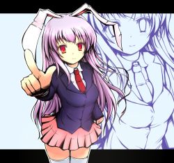Rule 34 | 1girl, animal ears, blazer, blush, female focus, jacket, long hair, long sleeves, looking at viewer, milfy oira, necktie, pointing, purple hair, rabbit ears, red eyes, red necktie, reisen udongein inaba, skirt, solo, standing, thighhighs, touhou, white thighhighs, zoom layer