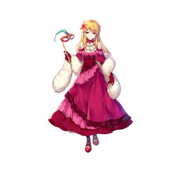 Rule 34 | 1girl, absurdres, bare shoulders, black legwear, blonde hair, brown hair, closed mouth, commentary request, dress, feather boa, fire emblem, fire emblem: genealogy of the holy war, fire emblem heroes, flower, frilled dress, frills, full body, gloves, hair flower, hair ornament, highres, holding, lachesis (fire emblem), long dress, long hair, looking at viewer, mask, miwabe sakura, nintendo, official art, red dress, red footwear, solo, standing, white background