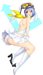 Rule 34 | 1girl, alternate costume, animal ears, arrow (symbol), ascot, ass, back, blue hair, blush, boots, breasts, commentary request, floppy ears, full body, gloves, goggles, goggles on headwear, hataraki kuma, helmet, high heel boots, high heels, highres, leotard, looking at viewer, medium bangs, miniskirt, motorcycle helmet, open mouth, pink eyes, pleated skirt, rabbit ears, rabbit girl, rabbit tail, reisen (touhou bougetsushou), short hair, simple background, skirt, small breasts, smile, solo, tail, touhou, white background, white footwear, white gloves, white helmet, white leotard, white skirt, yellow ascot