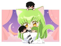 Rule 34 | :d, animal ears, ayuko 735, blush, c.c., cat ears, cat girl, cat tail, character doll, chibi, code geass, commentary request, crescent moon, curtains, doll, geass, green hair, hair between eyes, happy, heart, heterochromia, highres, holding, holding doll, jacket, kemonomimi mode, kneeling, lelouch vi britannia, long hair, looking at object, looking down, moon, open mouth, purple background, purple eyes, red eyes, sidelocks, simple background, sleeves past fingers, sleeves past wrists, smile, sparkle, straight hair, tail, tail raised, two-tone background, very long hair, white background, white jacket, wide sleeves, yellow eyes