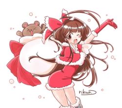 Rule 34 | &gt; &lt;, 1girl, :d, ;d, ahoge, arm up, artist name, bear, blush, brown eyes, brown hair, capelet, christmas, dress, elbow gloves, eyebrows, facing away, fur trim, gloves, hair intakes, holding, holding sack, huge ahoge, kantai collection, kuma (kancolle), long hair, looking at viewer, one eye closed, open mouth, outline, over shoulder, pink outline, red capelet, red dress, red gloves, rikuo (whace), sack, santa costume, short dress, simple background, smile, solo, teeth, tongue, white background