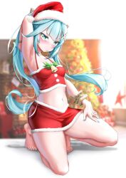 Rule 34 | 1girl, alternate costume, aqua hair, aqua nails, arm behind head, arm up, armpits, bad id, bad pixiv id, bare arms, bare shoulders, barefoot, bell, blurry, blurry background, blush, bracelet, breasts, chinese commentary, christmas, christmas tree, closed mouth, commentary, commentary request, crop top, english commentary, eyebrows hidden by hair, faruzan (genshin impact), feet, full body, fur-trimmed skirt, fur trim, genshin impact, green eyes, hair ornament, halterneck, hand on own thigh, hat, heel up, highres, hungz, jewelry, jingle bell, long hair, looking at viewer, miniskirt, mixed-language commentary, nail polish, navel, on one knee, pom pom (clothes), red headwear, red shirt, red skirt, ring, santa costume, santa hat, shirt, sidelocks, skirt, sleeveless, sleeveless shirt, small breasts, stomach, symbol-shaped pupils, thighs, toenail polish, toenails, toes, triangle-shaped pupils, twintails, v-shaped eyebrows, white background, x hair ornament