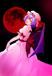 Rule 34 | 1girl, ascot, bat wings, blue hair, dress, full moon, hat, highres, looking at viewer, medium hair, mob cap, moon, red ascot, red eyes, red moon, remilia scarlet, shee take, solo, touhou, white dress, wings