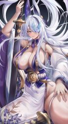 Rule 34 | 1girl, absurdres, artist request, azur lane, blush, breasts, butterfly over eye, cleavage, hair over one eye, highres, holding, holding sword, holding weapon, japanese clothes, large breasts, long hair, looking at viewer, multicolored hair, purple eyes, shiroyuki (shiroyuki003), solo, streaked hair, sword, thigh strap, thighs, tomoe (symbol), unzen (azur lane), very long hair, weapon, white hair