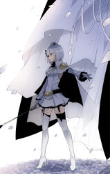 Rule 34 | 1girl, arm at side, asymmetrical footwear, belt, black belt, black scarf, black thighhighs, boots, cape, catacombe (madoka magica), closed mouth, covered navel, curtains, detached sleeves, dress, epaulettes, full body, garrison cap, garter straps, grey eyes, hat, high heel boots, high heels, highres, holding, holding riding crop, izumi kanagi, long sleeves, magia record: mahou shoujo madoka magica gaiden, magical girl, mahou shoujo madoka magica, outstretched arm, pleated dress, profile, riding crop, saeko pancat, scarf, short dress, short hair, solo, standing, thigh boots, thighhighs, thighhighs under boots, uneven footwear, v-shaped eyebrows, white cape, white dress, white footwear, white hair, white hat