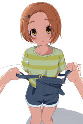 Rule 34 | 1boy, 1girl, absurdres, arms behind back, blush, brown hair, flower, forehead, hair flower, hair ornament, hairclip, highres, idolmaster, idolmaster cinderella girls, looking at viewer, open mouth, overall shorts, overalls, pulling another&#039;s clothes, ryuzaki kaoru, shirt, short sleeves, solo focus, standing, striped clothes, striped shirt, sunflower, sunflower hair ornament, tareme, white background, wood pump, yellow eyes