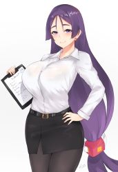 Rule 34 | 1girl, black bra, bra, bra visible through clothes, breasts, earrings, english text, fate/grand order, fate (series), formal, hand on own hip, highres, huge breasts, jewelry, kuavera, long hair, looking at viewer, minamoto no raikou (fate), pantyhose, pencil skirt, purple eyes, purple hair, raised eyebrows, see-through, simple background, skirt, smile, solo, underwear, very long hair, white background