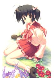 Rule 34 | 1girl, absurdres, full body, highres, mitsumi misato, official art, scan, school uniform, serafuku, simple background, sitting, socks, solo, to heart (series), to heart 2