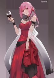 Rule 34 | 1girl, alcohol, armlet, bare shoulders, black choker, black nails, breasts, choker, cleavage, cup, dress, drinking glass, flower, hair flower, hair ornament, highres, holding, holding cup, hololive, hololive english, large breasts, long hair, lufi ays, mori calliope, mori calliope (party dress), nail polish, official alternate costume, pink eyes, pink hair, red dress, red flower, red rose, rose, solo, virtual youtuber, wine, wine glass