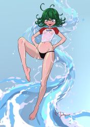 Rule 34 | 1girl, absurdres, bikini, bikini bottom only, blue background, breasts, full body, green eyes, green hair, groin, hands on own hips, highres, lowleg, lowleg bikini, mmmalice, navel, one-punch man, open mouth, oppai hoodie, see-through, shirt, signature, small breasts, smile, solo, swimsuit, t-shirt, tatsumaki, water, wet, wet clothes, wet hair, wet shirt