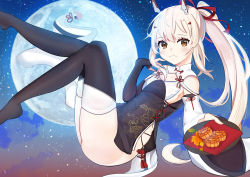 Rule 34 | 1girl, :3, absurdres, ass, asymmetrical sleeves, ayanami (azur lane), ayanami (lunar demon) (azur lane), ayanami (lunar demon) (azur lane), azur lane, black thighhighs, china dress, chinese clothes, cloud, cloudy sky, commentary request, detached sleeves, dress, full moon, hair between eyes, hair ornament, hairclip, highres, holding, holding plate, long hair, looking at viewer, mismatched sleeves, moon, mooncake, night, night sky, orange eyes, plate, ponytail, retrofit (azur lane), side slit, sidelocks, silver hair, sitting, sky, smile, solo, star (sky), starry sky, thighhighs, wide sleeves, yakiimo imo