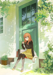 Rule 34 | 1girl, absurdres, bag, black pantyhose, black sweater, blush, breasts, bush, commentary request, dappled sunlight, door, expressionless, full body, grass, green eyes, hand in own hair, high heels, highres, jewelry, kobuta, leaf, long hair, long sleeves, looking at viewer, medium breasts, necklace, orange hair, original, outdoors, pantyhose, parted lips, plant, potted plant, reflection, round eyewear, scarf, shopping bag, sitting, sitting on stairs, skirt, solo, stairs, sunlight, sweater, tree, turtleneck, unworn scarf, wavy hair, window, yellow footwear, yellow skirt