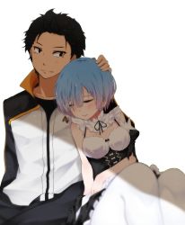 Rule 34 | 10s, 1boy, 1girl, bba1985, black hair, blue hair, blurry, blush, breasts, brown eyes, cleavage, depth of field, detached sleeves, dress, closed eyes, hair over one eye, hand on another&#039;s head, head on another&#039;s shoulder, highres, jacket, lips, looking at another, maid, medium breasts, natsuki subaru, re:zero kara hajimeru isekai seikatsu, rem (re:zero), shadow, short hair, simple background, single sleeve, sitting, smile, sportswear, torn clothes, track jacket, underbust, white background, white legwear