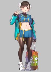 Rule 34 | 1girl, :o, adapted costume, aqua jacket, bag, blue shirt, blue skirt, breasts, brown eyes, brown hair, brown pantyhose, bun cover, capcom, check copyright, chun-li, collar, copyright request, crop top, earrings, full body, grey background, hand up, holding, jacket, jewelry, long sleeves, looking at viewer, medium breasts, midriff, miniskirt, navel, off shoulder, open clothes, open jacket, open mouth, original, pantyhose, pleated skirt, popqn, sailor collar, school uniform, serafuku, shirt, shoes, short hair, simple background, skirt, sneakers, solo, standing, street fighter, v