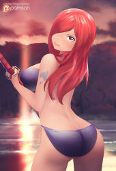 Rule 34 | 1girl, ass, bare arms, bare shoulders, beach, bikini, blue-senpai, blush, breasts, deviantart, erza scarlet, fairy tail, katana, large breasts, legs, lips, long hair, looking at viewer, looking back, patreon, patreon username, red eyes, red hair, smile, solo, standing, swimsuit, sword, tattoo, thighs, water, watermark, weapon, web address