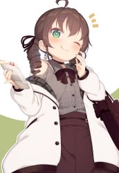 Rule 34 | 1girl, ;q, ahoge, alternate costume, bag, bare shoulders, blush, brown hair, brown skirt, casual, closed mouth, clothing cutout, collared shirt, crepe, drill hair, earrings, food, green background, green eyes, grey shirt, hair between eyes, hands up, highres, holding, holding food, hololive, jacket, jewelry, long sleeves, looking at viewer, muku (muku-coffee), natsuiro matsuri, natsuiro matsuri (casual), notice lines, off shoulder, one eye closed, open clothes, open jacket, plaid, plaid shirt, shirt, shoulder cutout, skirt, smile, solo, tongue, tongue out, twin drills, twintails, two-tone background, virtual youtuber, white background, white jacket