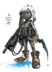 Rule 34 | 1girl, ankle boots, asymmetrical hair, blue nails, body armor, bodysuit, boots, combat knife, commentary, commentary request, dark-skinned female, dark skin, english commentary, esuthio, explosive, fingerless gloves, gloves, grenade, grey bodysuit, grey eyes, grey footwear, grey gloves, grey hair, gun, highres, holding, holding gun, holding knife, holding weapon, inkling, inkling (language), inkling girl, inkling player character, knife, long hair, mask, military operator, mouth mask, nail polish, nintendo, paint splatter, pouch, simple background, solo, submachine gun, tactical clothes, weapon, white background