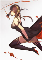 Rule 34 | 1girl, absurdres, artist name, black dress, black footwear, black gloves, black hair, black thighhighs, blood, boots, closed mouth, dagger, dress, fingerless gloves, flower, gloves, gold hairband, hair bun, hair flower, hair ornament, hairband, highres, holding, holding dagger, holding knife, holding weapon, knife, long hair, looking at viewer, mato kuroi, red eyes, red flower, red rose, rose, single hair bun, sleeveless, sleeveless dress, solo, spy x family, thigh boots, thighhighs, weapon, white background, yor briar