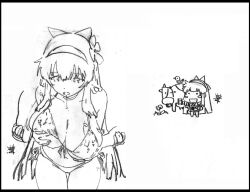 1boy 1girl ainu_clothes artist_name bikini blush breasts chibi cleavage cow dot_eyes drooling fingerless_gloves gloves grabbing_another&#039;s_breast groping groping_breast hair_ribbon happy heart highres japanese_text large_breasts leaning_forward long_hair moaning monochrome multiple_views nakoruru navel open_mouth pantyhose ribbon saliva saliva_trail samurai_spirits side-tie_bikini_bottom sketch smile snk swimsuit the_king_of_fighters tongue traditional_media translation_request very_long_hair